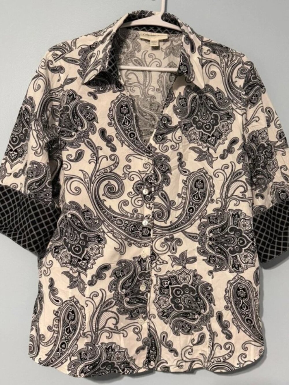Coldwater Creek Womens Large Paisley Print Cotton 3/4 Sleeve Collared Blouse